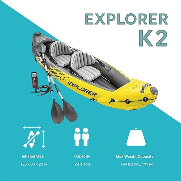 Intex 68307EP Explorer K2 Inflatable Kayak Set: Includes Deluxe 86in Aluminum Oars and High-Output Pump – SuperStrong PVC – Adjustable Seats with Backrest – 2-Person – 400lb Weight Capacity - Image 3