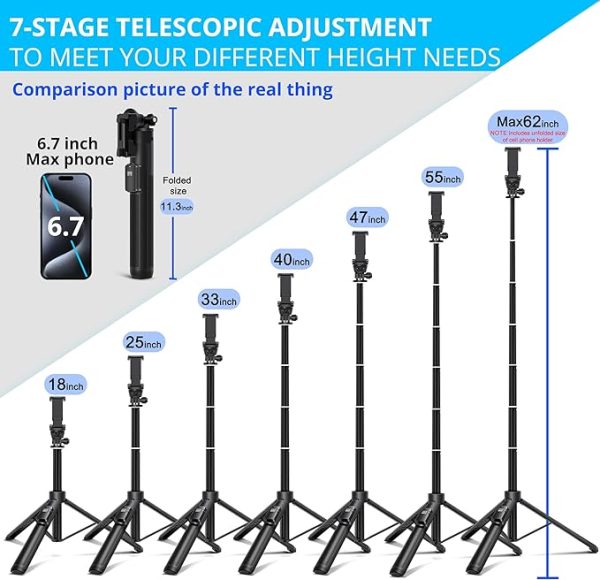 BZE Selfie Stick,62 inches Long Extendable Selfie Stick Tripod, Phone Tripod with Wireless Remote Shutter,Group Selfies/Live Streaming/Video Recording Compatible with All Cellphones - Image 5