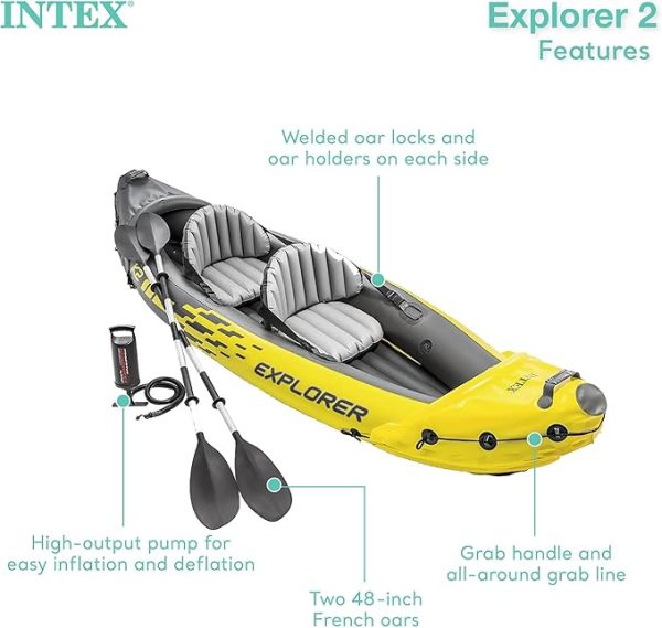 Intex 68307EP Explorer K2 Inflatable Kayak Set: Includes Deluxe 86in Aluminum Oars and High-Output Pump – SuperStrong PVC – Adjustable Seats with Backrest – 2-Person – 400lb Weight Capacity - Image 4